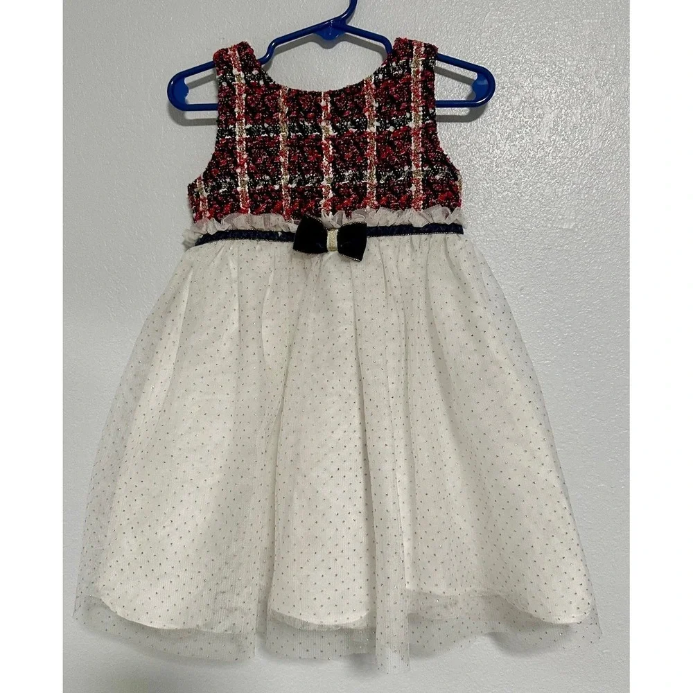 Blueberi Boulevard Plaid Tulle‎ Dress Girls 4T Red White Excellent Bow Metallic